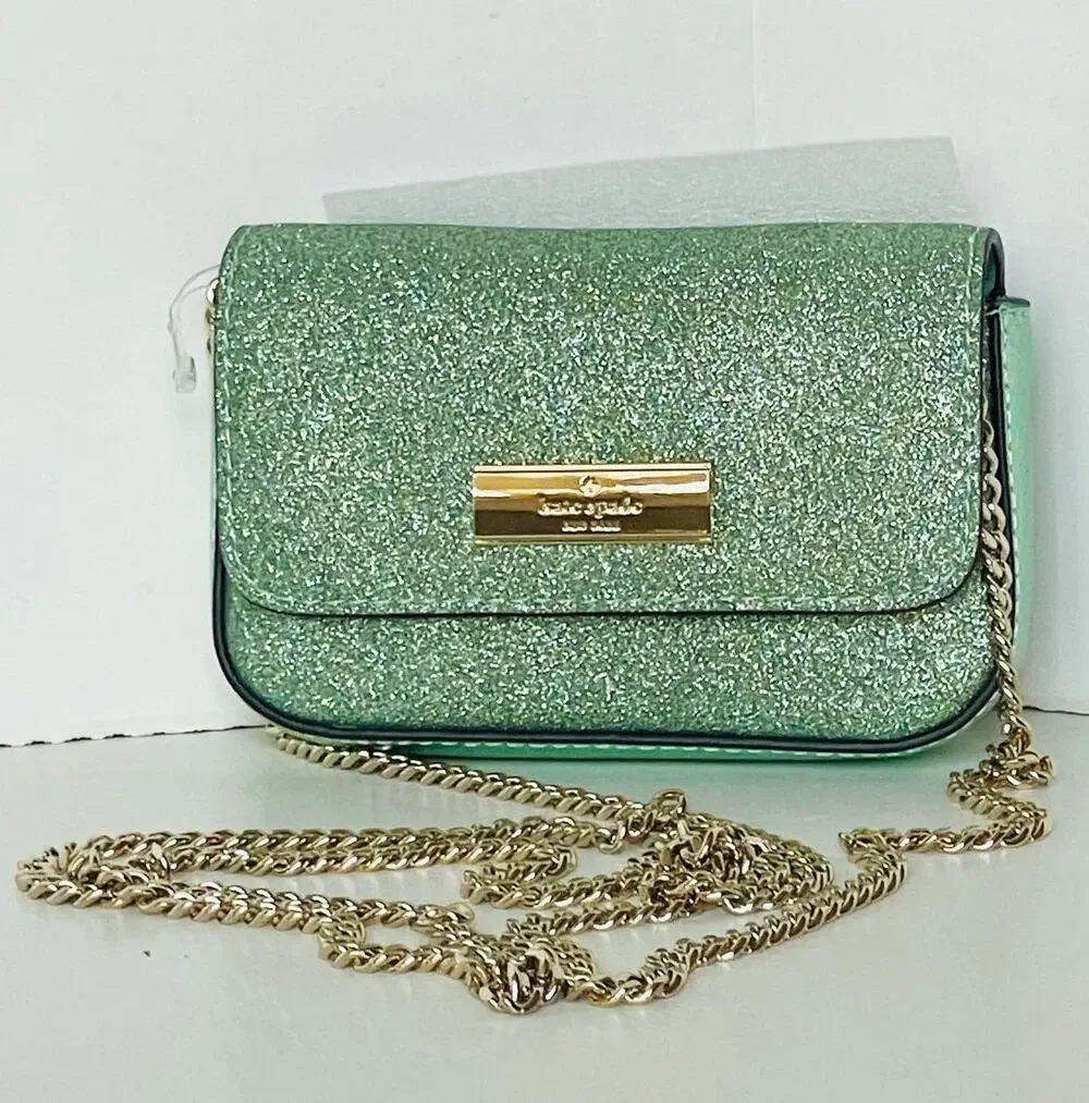 Kate Spade Kenzie Glitter Card Case Crossbody Seawater Green Mini